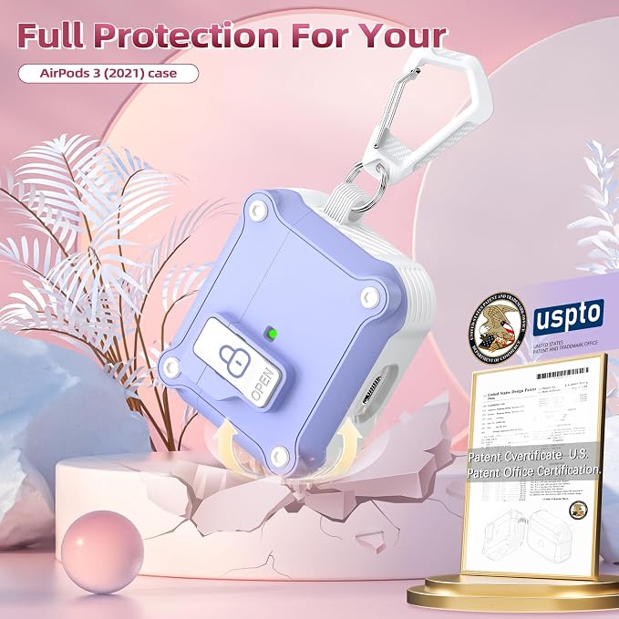 for AirPods 3 Case Cover with Lock Magnetic Lid, White/Lavender | Compatible with Apple AirPods 3rd Generation (2019) Case with Cleaner Kit & Carabiner, Powerful Drop Protection