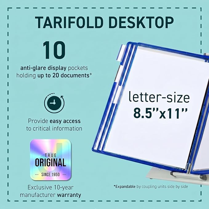 Tarifold Desktop Reference Display System, 10 Pockets, Expandable, Blue | 10 double-sided PVC pockets, holds 20 letter-size sheets, sturdy metal base, quick-find indexing, quick and easy to assemble