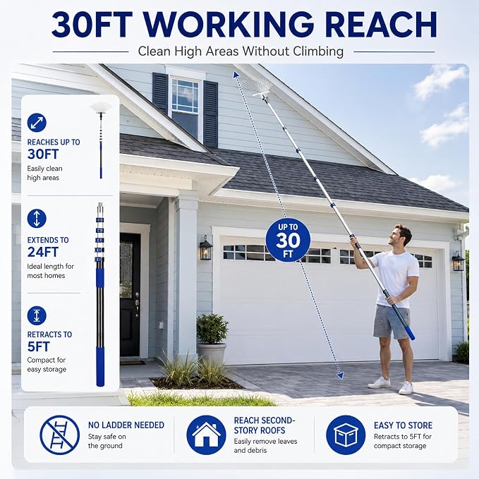 24FT Telescoping Roof Rake, 30FT Reach Leaf Rake for Leaves & Pine Needles | Complete Kit With Gutter Cleaning Attachment, Adjustable Rake Head, Flexible Brush & Storage Bag.