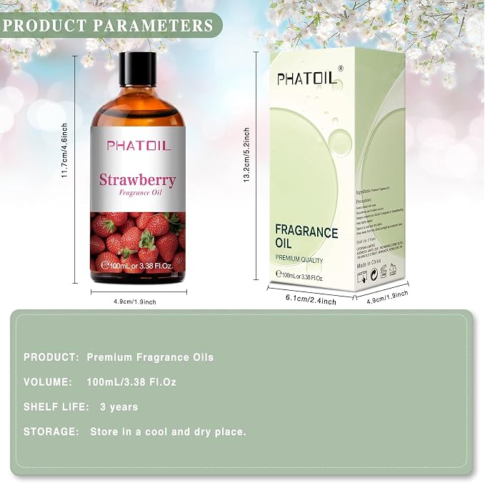 PHATOIL Strawberry Fragrance Oil for Diffuser Aromatherapy 3.38FL.OZ | Long Lasting Scented Oils For Humidifier, Air Freshener, DIY Soap Candle, Scent Project Making, Aroma Oil for Home Freshening