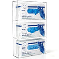Triple Glove Box Holder Wall Mount, 3 Compartments Clear Acrylic Rubber Nitrile Gloves Dispenser for Lab, Hospital, Kitchen - Side-Loading - Mounting Hardware Included -10 x 3.5 x 16.4 IN