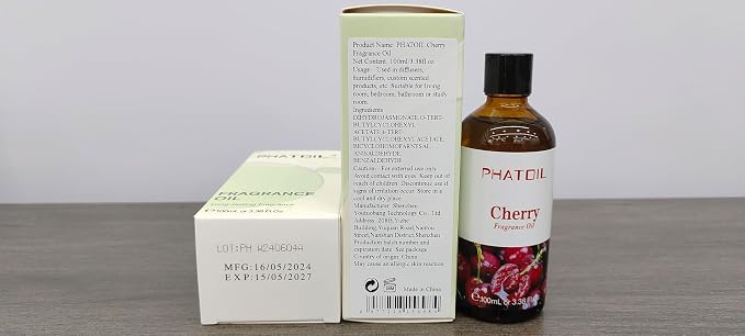 PHATOIL Cherry Fragrance Oil for Diffuser Aromatherapy 3.38FL.OZ | Long Lasting Scented Oils For Humidifier, Air Freshener, DIY Soap Candle, Scent Project Making, Aroma Oil for Home Freshening