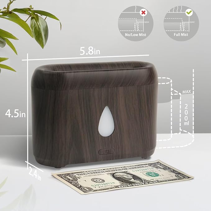 Flame Diffuser for Essential Oils, 200ml Ultrasonic Aroma Diffusers with Cool Mist, Aromatherapy Diffuser with Auto-Off Protection, Small Humidifier for Home,Office,Bedroom,Gift (7 Colors Darkwood)