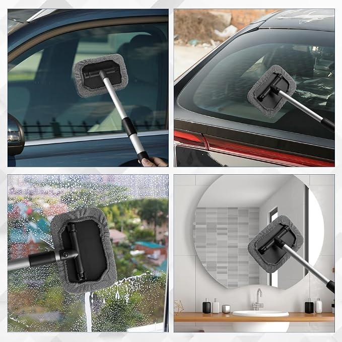 Windshield Cleaning Tool, Car Window Cleaner, Vehicle Window Cleaner with Extendable Handle & 2 Washable Microfiber Pads, Car Interior Glass Wiper Cleaning Kit for Most Vehicles (Grey)