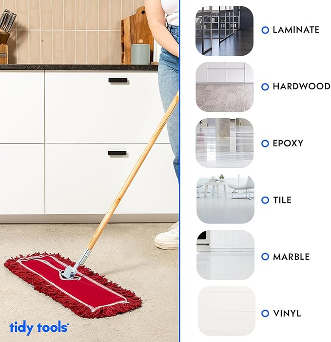 24 Inch Red Commercial Dust Mop & Floor Sweeper – Wood Handle Floor Mop for Tile, Hardwood & Concrete
