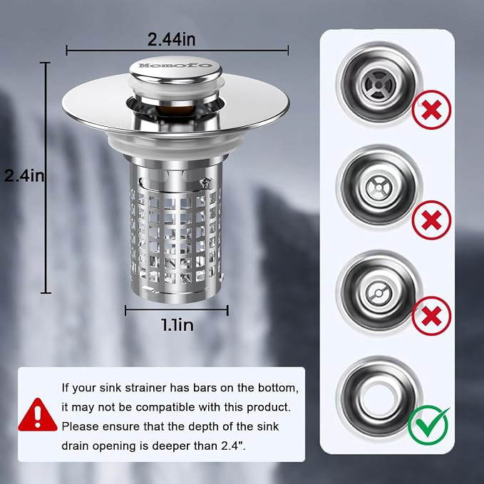 Bathroom Sink Drain Strainer(2PCS), Stainless Steel Pop-up Strainer Basket Hair Catcher with Removable Basket, Brass Bullet Core, Universal Fit 1.1-2.36 Inch
