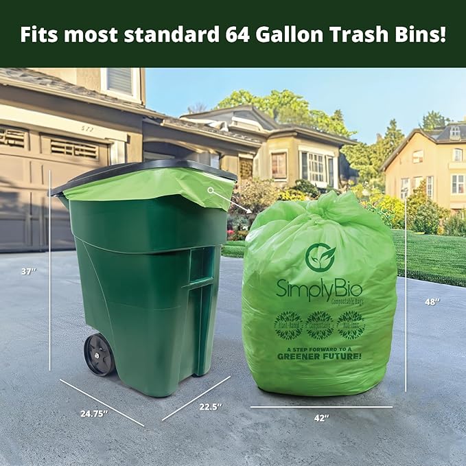 Simply Bio 60-65 Gallon Compostable Trash Bags Liners Flat-Top, Heavy Duty Extra Thick 2 Mil, 242.27 Liter, 12 Bags, Lawn, Yard, and Restaurant Use, ASTM D6400, US BPI, OK Compost Home Certified