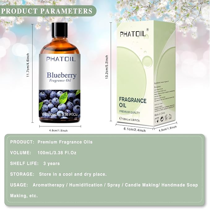 PHATOIL Blueberry Fragrance Oil for Diffuser Aromatherapy 3.38FL.OZ | Long Lasting Scented Oils For Humidifier, Air Freshener, DIY Soap Candle, Scent Project Making, Aroma Oil for Home Freshening