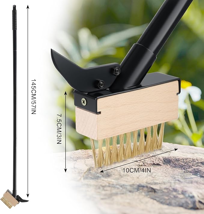 Weed Moss Remover Brush with Long Handle(57IN), Crack Weeder Moss Removal Tool with Wire Brush & Scraper, Weed Puller Crevice Cleaning, Remove Weeds on Roof Deck Driveway Paver(4 Brushes)