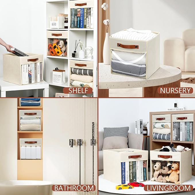 HNZIGE 11 x 11 Storage Cubes Bins for Storage Organizer,Shelf Fabric Storage Bin for Cube Organizer, Canvas Cloth Bin,Cubby Decorative Cube Organizer Bin for Cube Storage Blanket Home(Cream 6 PCS)