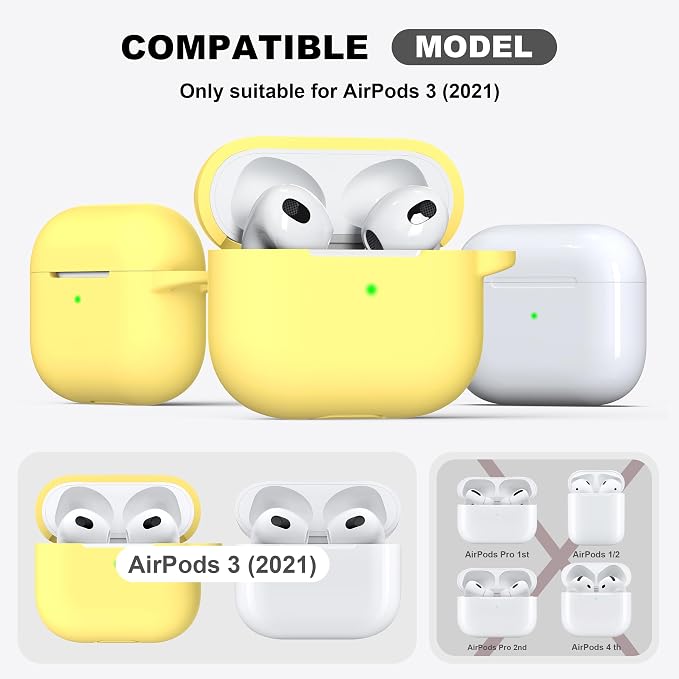 R-fun Compatible with AirPods 3 Case Cover, Silicone Protective Accessories Skin with Keychain Compatible with Apple AirPod 3rd Generation 2021 for Women Men Girls Boys,Front LED Visible,Yellow