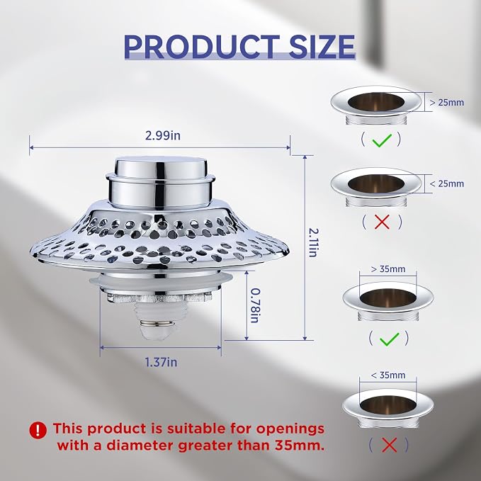 2 Pack Bathtub Drain Stopper with Removable Hair Catcher, 3-in-1 Pop-up Drain Plug Fits 1.38 to 1.8 Inch Holes, Upgrade Shower Drain Cover with Stainless Steel Filter