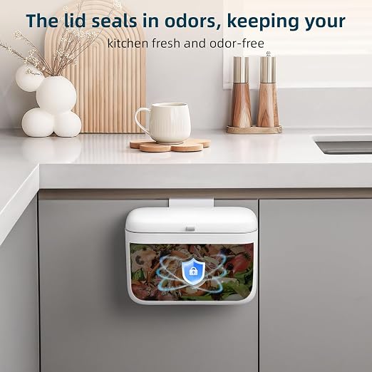 MUEE Compost Bin Kitchen for Counter Top or Under Sink 1.3 Gal/5L | Hanging Small Trash Can with Lid, Food Waste Bin, Mountable Garbage Can for Cupboard/Bathroom/Bedroom/Office/RV, Matte White