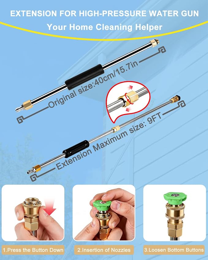Pressure Washer Extension Wand 120", Gutter Cleaner Attachment | 10 Pc Power Washer Lance with 6 Atomization Nozzle Tips,1 Gutter Cleaner Attachment Curved Rod, 1/4" Quick Connect, 4000 PSI