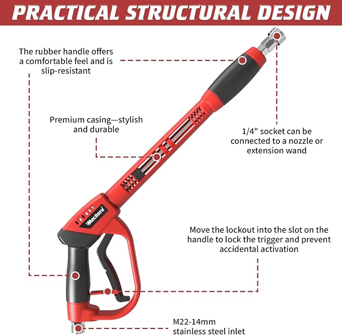 Pressure Washer Gun 5000PSI with Extension Wands, 40 Inch | Pressure Washer Accessories with 1/4" Quick Connect Outlet, Car Wash Gun with 5 Nozzle Tips and M22-14mm to M22-15mm Adapters