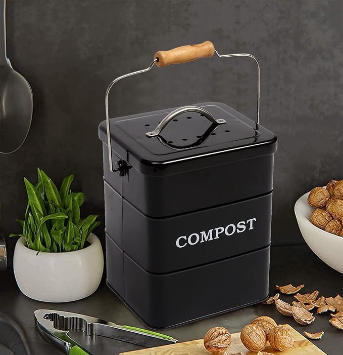 Compost Bin Kitchen Countertop Indoor Compost Pail Bucket, Great for Food Scraps, Carbon Steel, Handles, Black, 1 Gallon - Includes Charcoal Filter