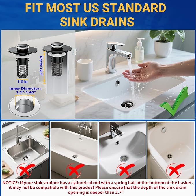 Bathroom Sink Drain Strainer, Pop-Up Bathroom Sink Stopper with Removable Stainless Steel Hair Catcher Basket, Universal Fit for US Bathroom Sinks, Showers & Floor Drains (1pcs-Black)