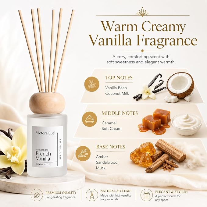 French Vanilla Reed Diffuser, 3.5 Fl Oz | Warm vanilla Diffuser; Long-lasting for 12 Weeks, Gift Set for Bedroom, Bathroom, Living Room or Office