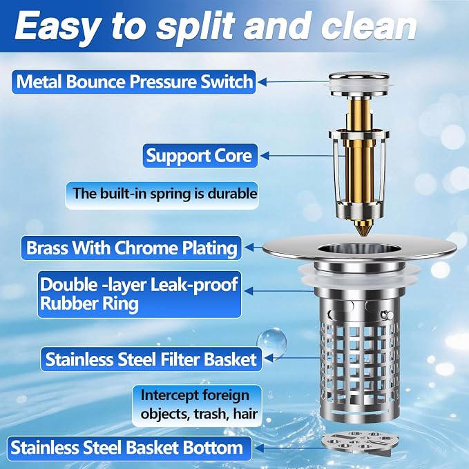 Sink Stopper Bathroom Drain, Pop-up Sink Drain Strainer with Removable Stainless Steel Strainer Basket Hair Catcher, Bathroom Sink Strainer for Bathroom Sink Stopper (1PCS)