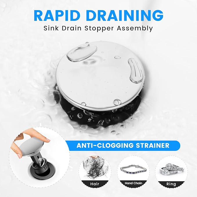 Bathroom Sink Drain with Overflow with Hair Catcher Anti-Clog Sink Strainer | Hurran Bathroom Sink Stopper for 1.65-1.9" Hole, Rapid Draining Plastic Pop-up Drain for Bathroom Vanity Vessel Sink, Chrome