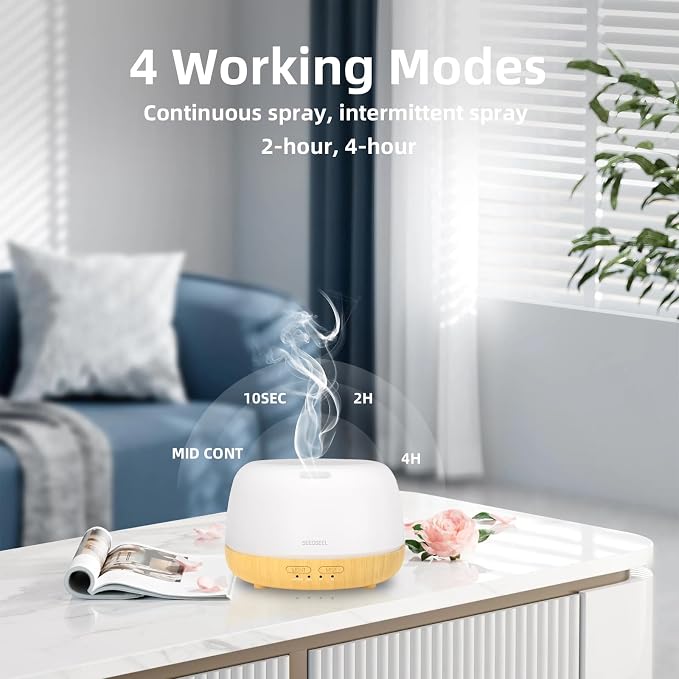 SEEDSEEL 300ML Essential Oil Diffuser,Quiet 8 Hours Operation, 7-Color LED Light, 4 Timer, Remote Control, Aromatherapy Diffuser Auto-Off, for Bedroom, Living Room, Office, Home