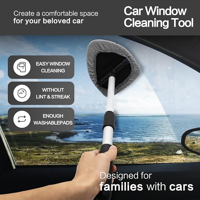 Windshield Cleaner Tool 22.5" L - Car Interior&Exterior Window Cleaning Kit with Extendable Handle&4 Microfiber Pads and Thick Large Wash Sponge, Auto Glass Wiper Brush Kit for Cars Home (7pcs Grey)