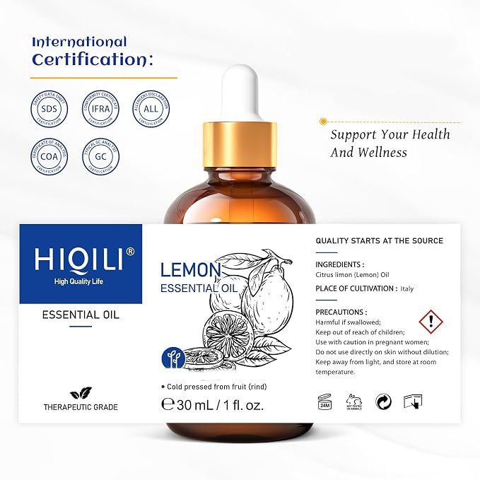 HIQILI Lemon Essential Oil for Cleaning, Diffuser & Skin | Creates a Fresh and Clean Atmosphere for Kitchen, Bath and More, Removes Odors and Stubborn Residue -30mL / 1.01 fl oz