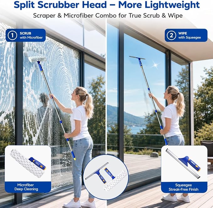 Window Squeegee with 2 Sets Separate Pole, 12" Rubber Squeegee and 11" Microfiber Pads, 60"-73.6" Telescopic Window Cleaning Kit with Rotating Head for High Windows, Shower Glass, Car Windshield