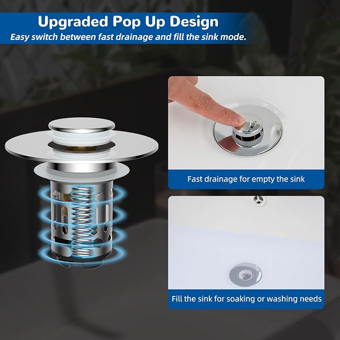 Hibbent 3 Pack Upgraded 3 in 1 Bathroom Sink Drain Strainer, Universal Pop Up Stopper with Removable Stainless Steel Filter Basket Hair Catcher, Sink Plug for 1.1''~2.36'' Basin, Brass Core, Chrome