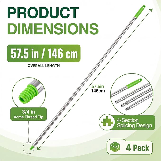 4 Pack 57.5-Inch Stainless Steel Floor Squeegee Replacement Handles, 3/4-Inch Acme Thread Poles with Non-Slip Grip and Hanging Cap for Commercial Cleaning, Green