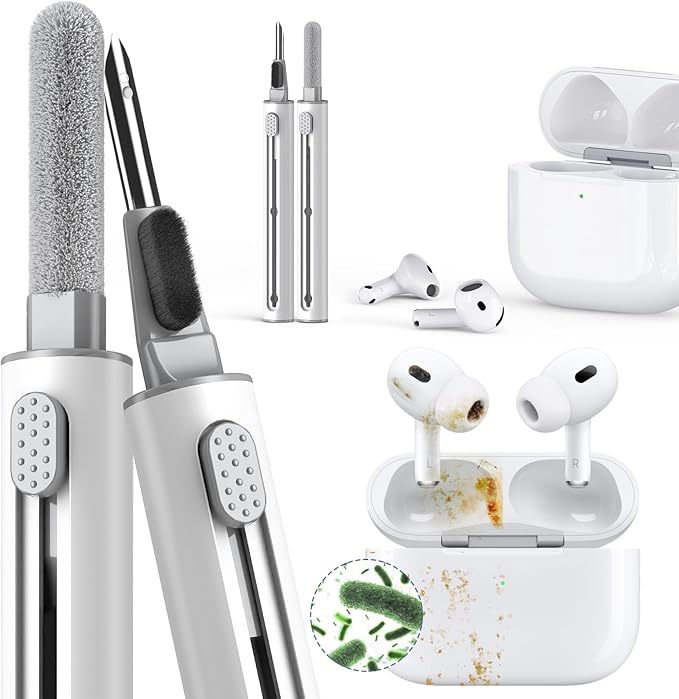 Inesore Multi Cleaning Kit for AirPods & All Bluetooth Earbuds (White) | 3-in-1 Design with Brush,Sponge & Metal Tip, Airpod Cleaning, Phone Cleaner, Earbud Cleaning, Electronic Device Cleaning Tool