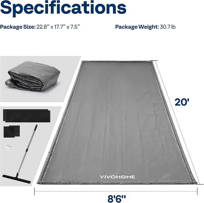 VIVOHOME Containment Mat (8'6" x 20') with Stay Put Corner, Gray | PVC Garage Floor Mats, Heavy Duty Garage Parking Mat with a Squeegee