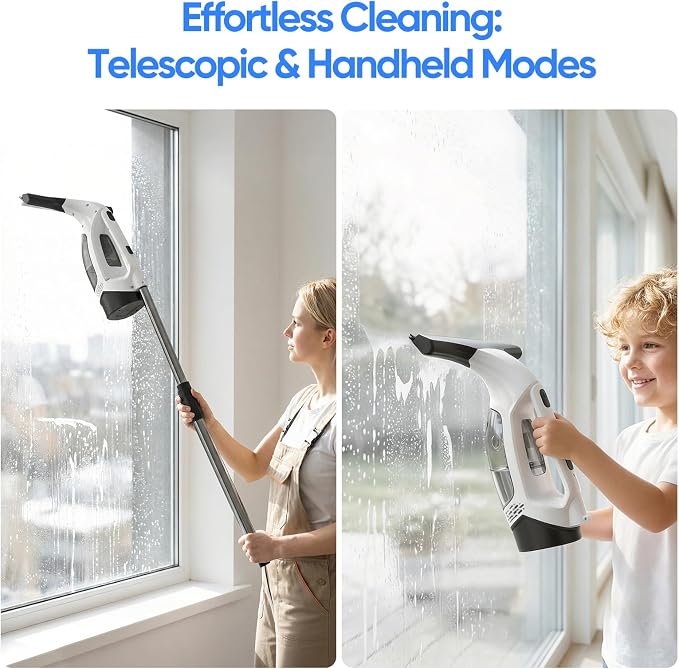 Window Vacuum Squeegee Cordless, Window Vacuum Cleaner with 2000Pa Streak-Free Suction, 30–40" Extension Pole, 11-Inch Cleaner Tool for High Windows, Shower Glass, Tiles & Mirrors