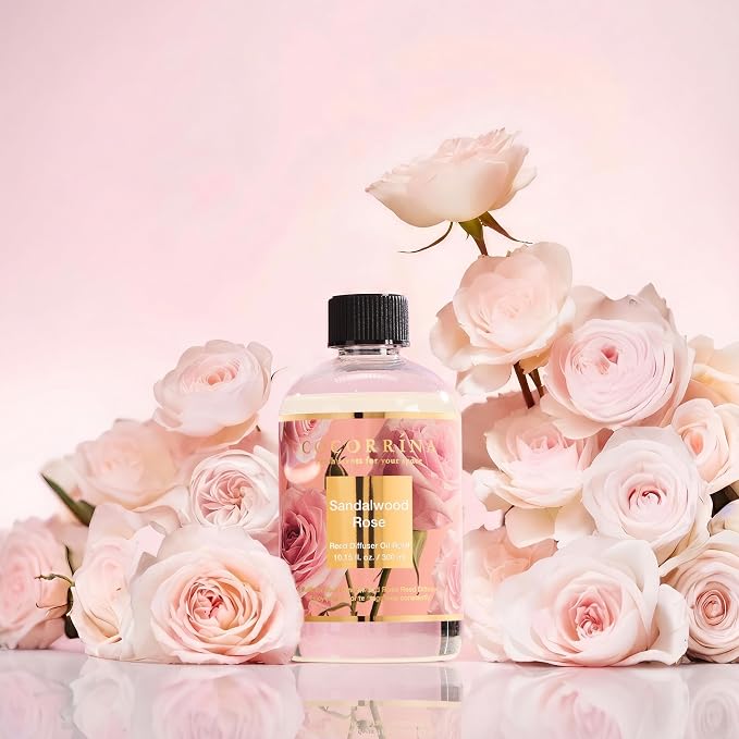 Reed Diffuser Refill Sandalwood Rose 10.14oz (300ml) with 8 Sticks - Premium Long-Lasting Floral Essential Oil, Home Fragrance for Bedroom, Bathroom Home Decor