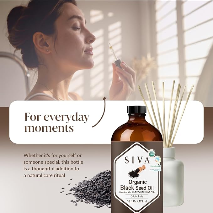 Siva Organic Black Seed Carrier Oil, Large Size, 16 Fl Oz (473 ml) | Organic Black Seed Oil for Hair Care, Hair Oiling, Scalp Massage, Skin Care, Body Massage & DIY Recipes in Glass Bottle