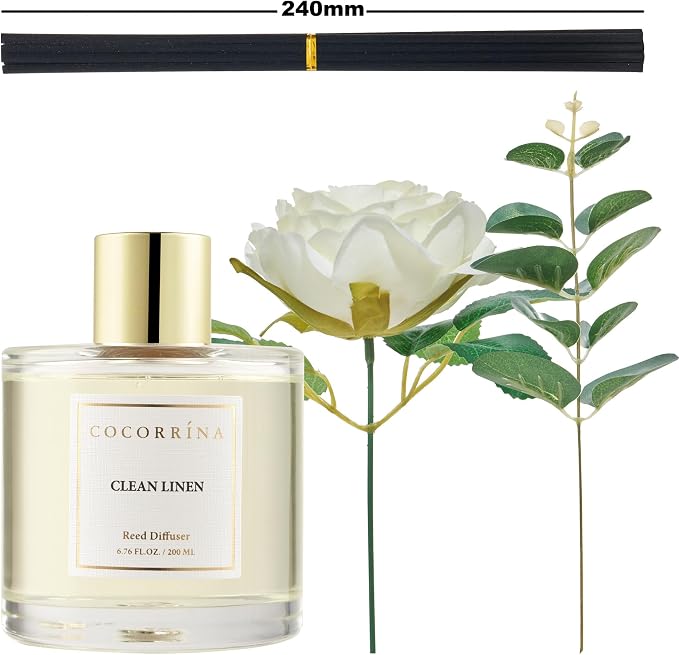 Flower Reed Diffuser - Clean Linen 6.7oz Scented Diffuser with Sticks Home Fragrance Essential Oil for Bathroom Shelf Decor (Artificial Flower)