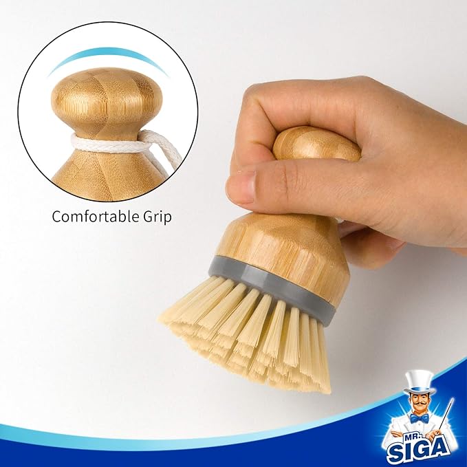 MR.SIGA Bamboo Palm Brush, Dish Scrub Brush, Bamboo Dish Brush, Pack of 2 | Scrub brush for dishes, pans, pots, kitchen sink cleaning, palm scrubber, palm scrub brush, dish scrubber