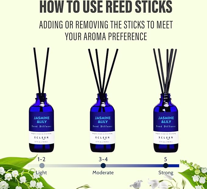 Xcleen Reed Diffuser Set- Jasmine & Lily Scented Diffuser with 6 Rattan Sticks, Long Lasting Reed Diffusers for Home Bathroom Shelf Decor-3.7oz
