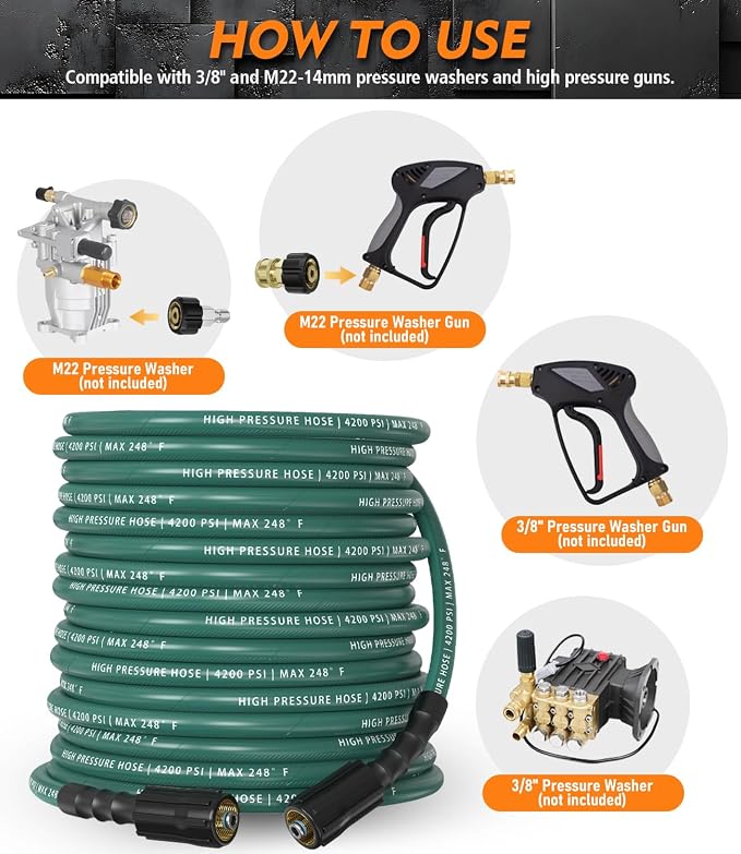 Pressure Washer Hose 50 ft, 4200 PSI Steel-Braided & Durable - Flexible & Kink-Resistant, Power Washer Hose with M22-14mm Stainless Steel Swivel Plug, Hot/Cold Water Compatible - Green