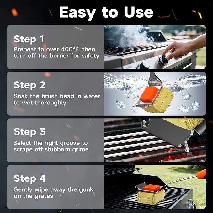 Grill Brush Bristle-Free with Scraper, Kevlar Steam BBQ Cleaner, Orange | Non-Metal Bristle, Replaceable Head, 17" Handle, 4-in-1 Scraper, for Porcelain, Ceramic, Stainless Steel, Cast Iron Grate