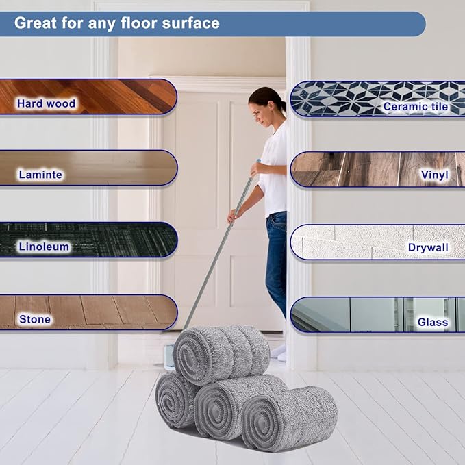 Replacement Microfiber Mop Pads - 18''x5'' Wet Dry Floor Cleaning Pad Compatible with Bona Floor Care System, Reusable Mop Refill Fits 17” to 18” Flat Mop - 4 Pack