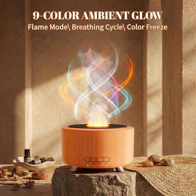 500ML Retro Vinyl Essential Oil Diffuser for Home | 3D flame effect & 9 colors. 500ml tank lasts 14H for deep sleep. BPA-free with auto-off ensures safety for babies and pets.