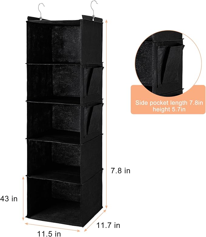 BOOMIBOO Hanging Closet Organize and Shelves,5-Hanging Shelf（2 Pack,Black） | with 2 Side Pockets，Storage Foldable