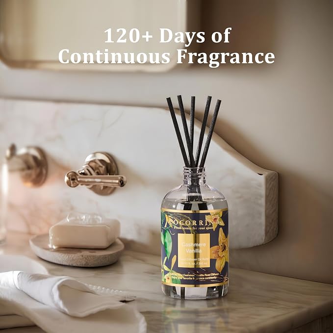 Reed Diffuser Refill Cashmere Vanilla 10.14oz (300ml) with 8 Sticks - Premium Long-Lasting Floral Essential Oil, Home Fragrance for Bedroom, Bathroom Home Decor