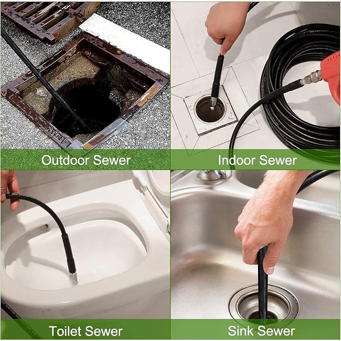 WEST BAY Sewer Jetter Kit 25 FT for Pressure Washer, 5800 PSI Drain Cleaner Hose 1/4 Inch NPT Corner Rotating and Button Nose Sewer Jetting Nozzle Spanner WatertightTape Pearl Corsage Pin