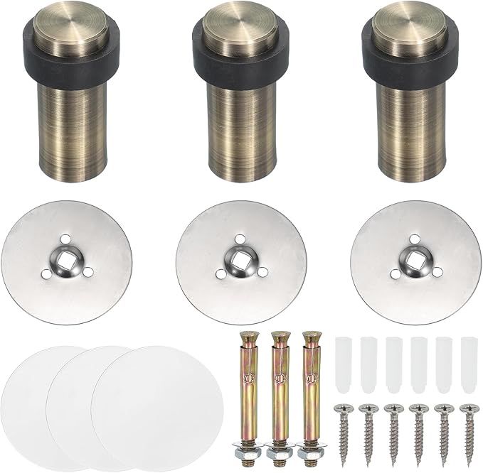 PATIKIL 3Set Round Door Stoppers, 80mm Stainless Steel Door Stop Doorstop Wedge Metal Cylinder Self Adhesive with Screw for Bottom of Door Floor Inside, Bronze