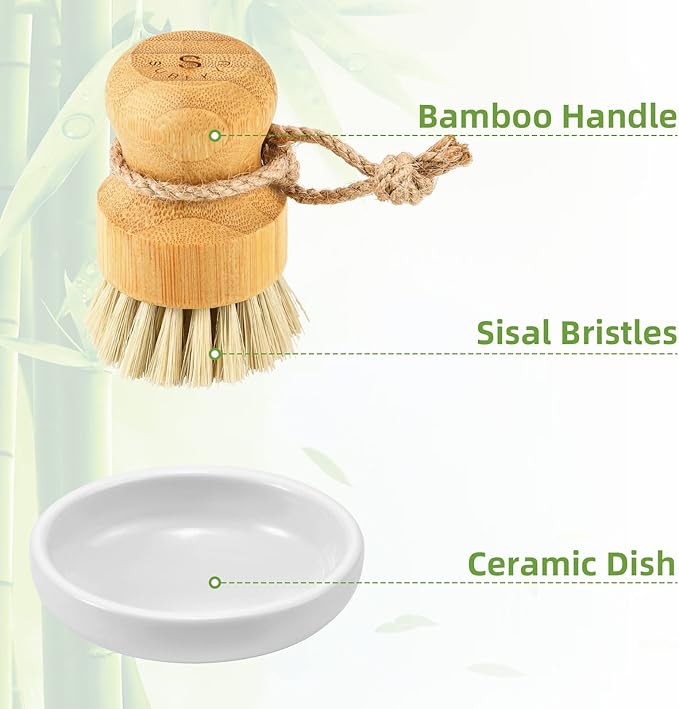 SUBEKYU Bamboo Dish Scrub Brush,Produce Brush,3 Pack with Ceramic Holder | Vegetable Brush,Natural Sisal Bristles,Kitchen Wooden Cleaning Scrubbers Set