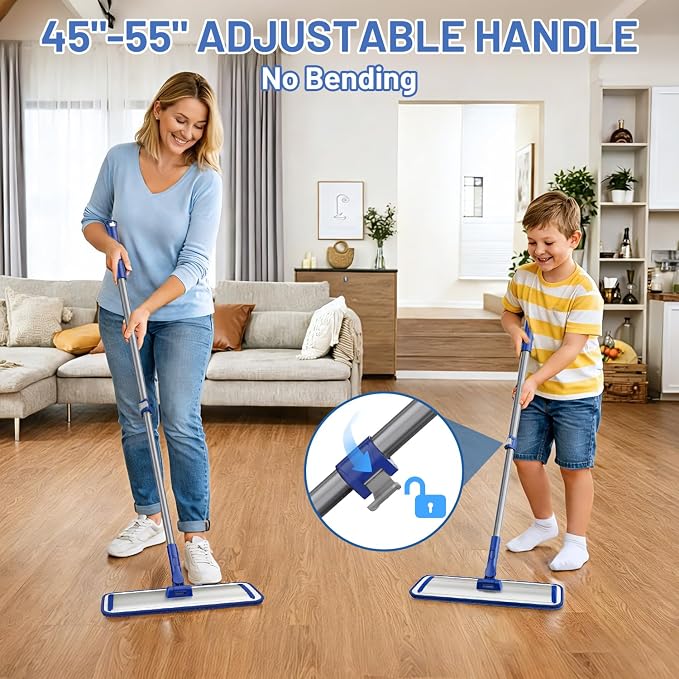 Microfiber Flat Mop for Hardwood Floors Cleaning with 55" Adjustable Handle | 4 Washable Reusable Dust Mop Pads, Professional Aluminum Mop Head, 360° Swivel, Wet Dry Use for Tile, Laminate, Vinyl, Wall