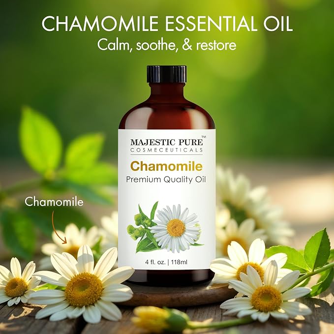 Majestic Pure Chamomile Essential Oil for Diffuser - 4 Fl Oz | 100% Natural Essentials Oils Ideal for Humidifier, Air Freshening, Cleaning Home, Bath, Steam Inhalation and Massage