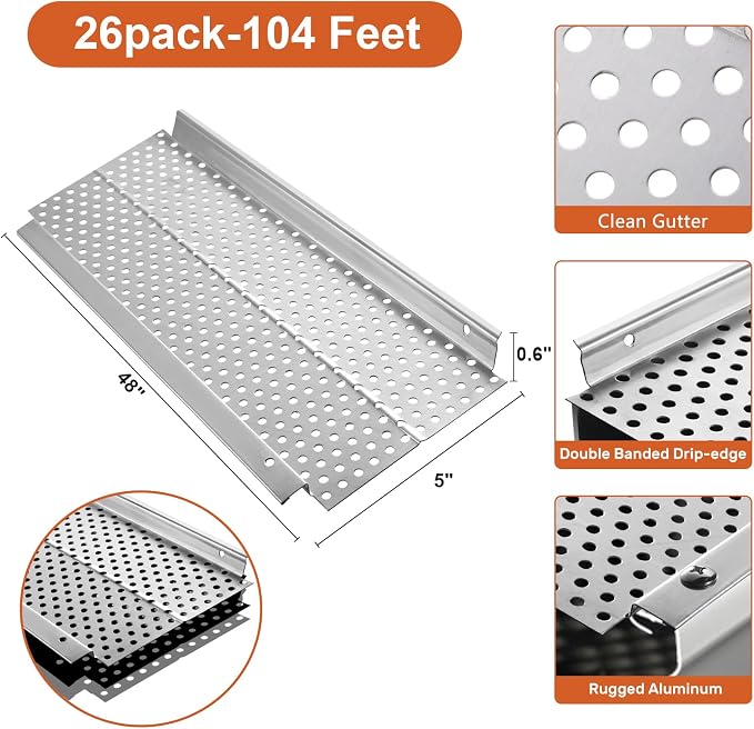 5 inch Gutter Guard, 26 Pack,104ft, Aluminum Mesh Leaf Guards, DIY Leaf Filter Gutter Protection Cover, Raptor Gutter Guard Cleaning Tools for Downspout, Roof, with Screws